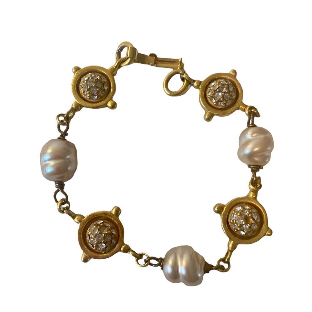 Linda Levinson Vintage & Signed Yellow Gold Tone & Faux Pearl Tennis Bracelet.